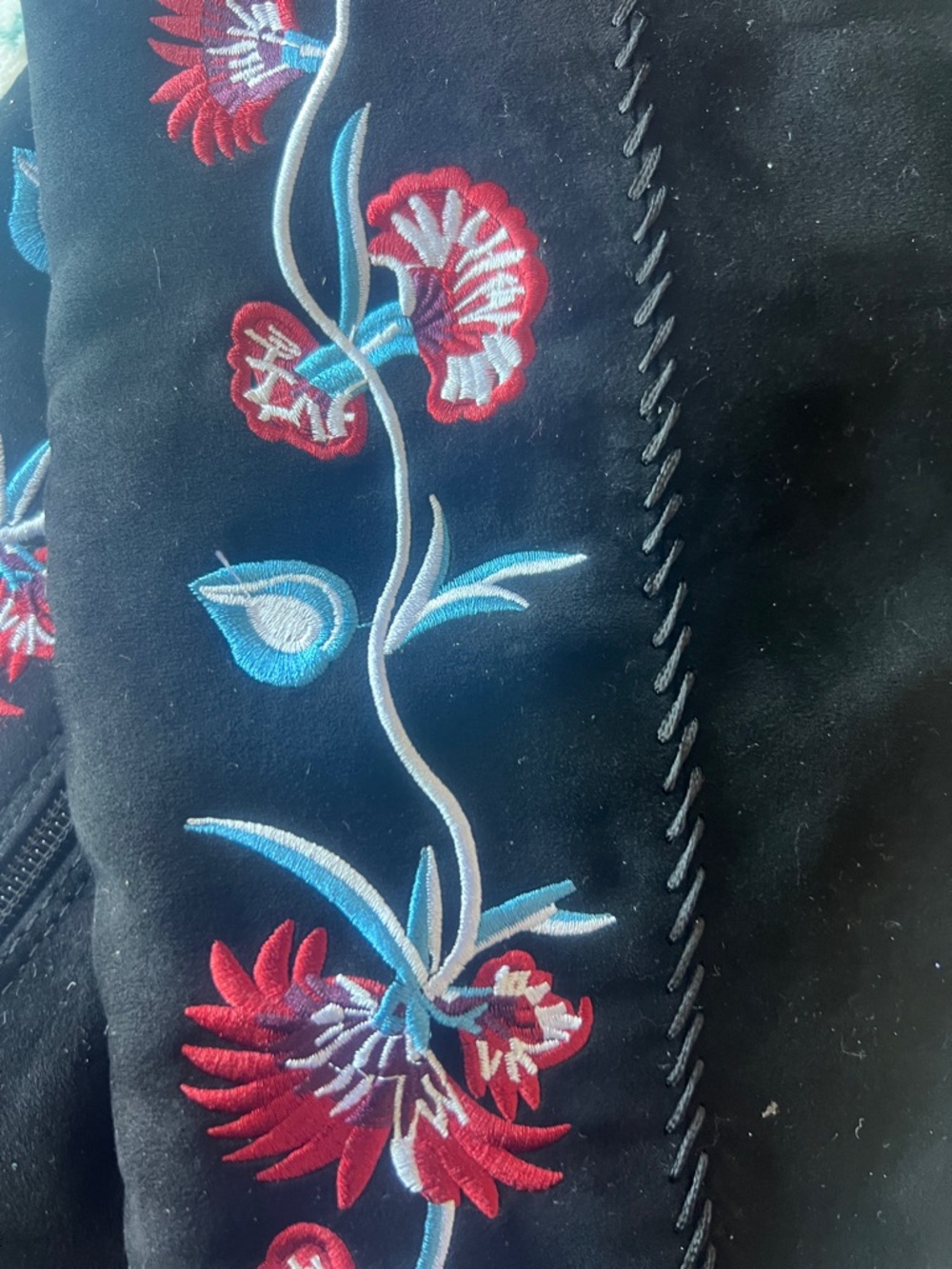 Black Embroidered Suede Knee-High Boots - Picture 2 of 3
